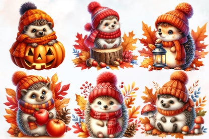 Watercolor Autumn Hedgehog PNG Bundle 22 Cute Fall Hedgehog Clipart