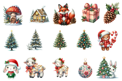 Whimsical Christmas Clipart PNG Bundle | Cute Christmas Watercolor Clipart | Woodland Christmas Sublimation PNG