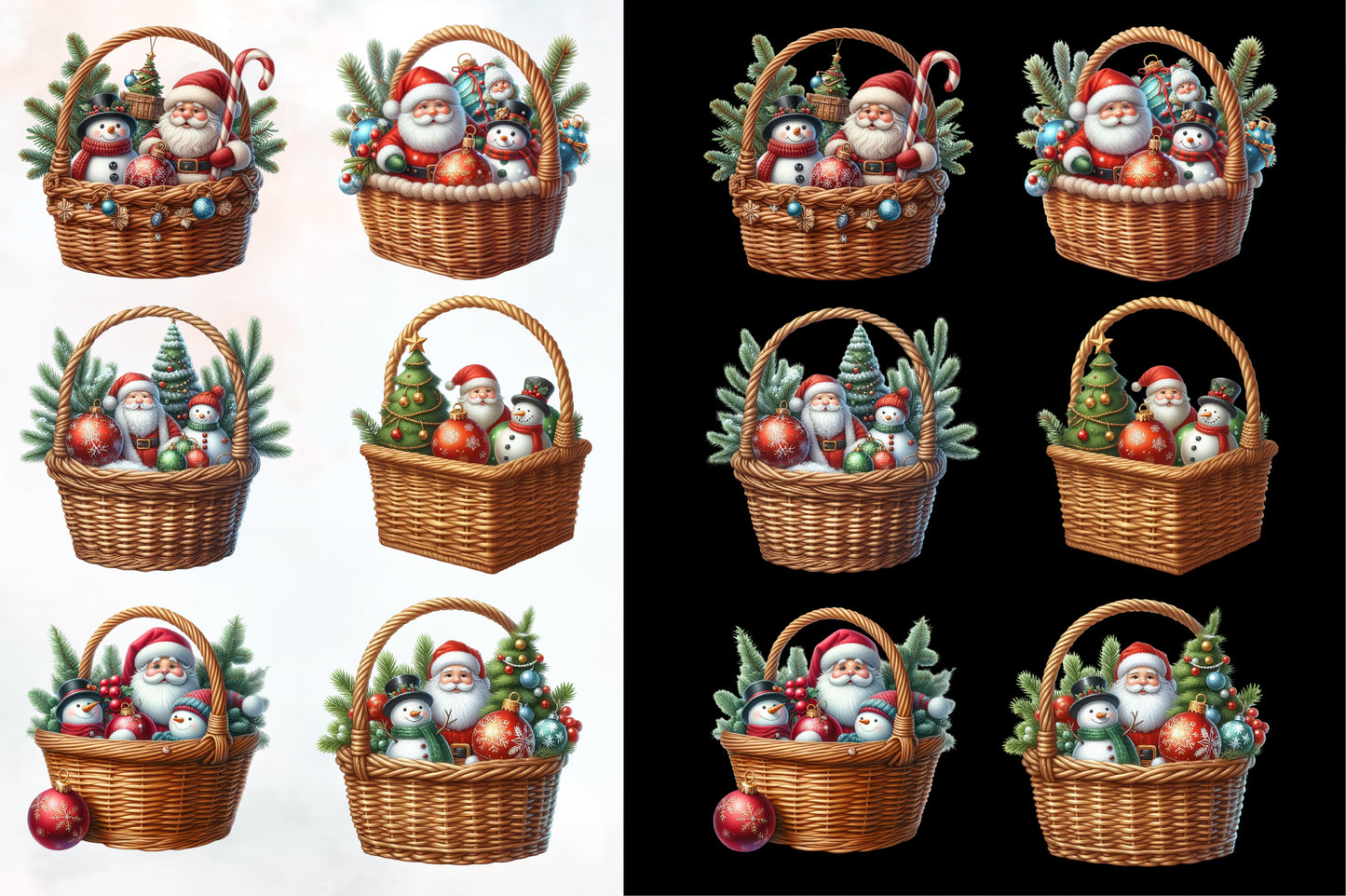 25 Watercolor Santa Claus Snowman Christmas Basket PNG Bundle