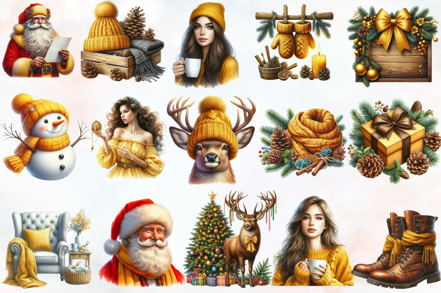 Watercolor Yellow Christmas PNG Bundle 35 Cozy Holiday Clipart
