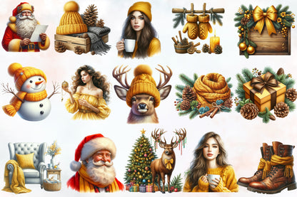 Watercolor Yellow Christmas PNG Bundle 35 Cozy Holiday Clipart
