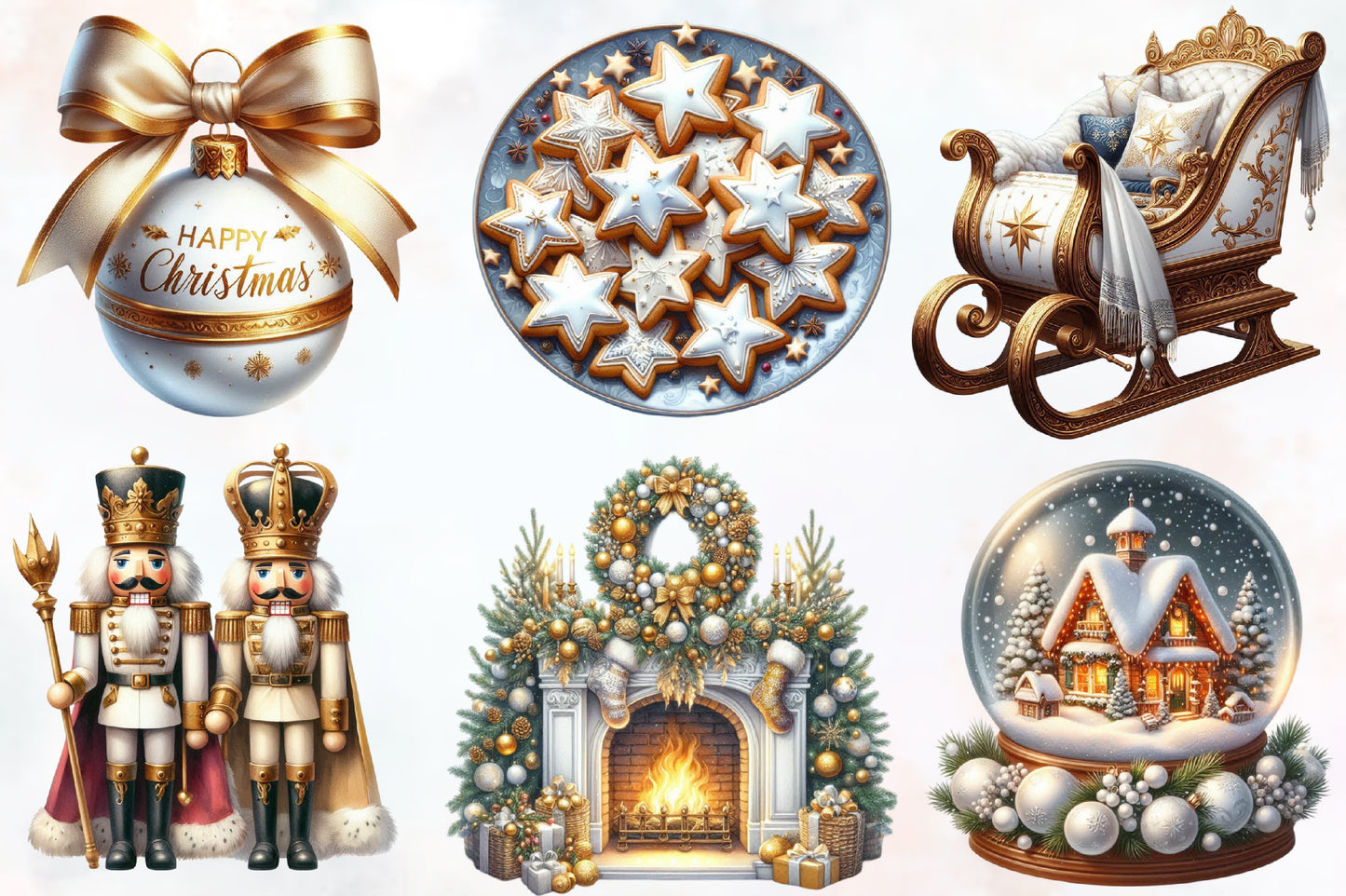 Cozy White Christmas Clipart PNG Bundle | Elegant Winter Christmas, Snowman, Sleigh, Santa, Wreath & Gold Holiday Designs
