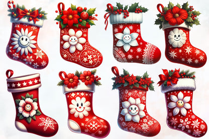 Watercolor Christmas Stocking Clipart PNG Bundle | Plaid Holiday Stocking & Festive Christmas Designs