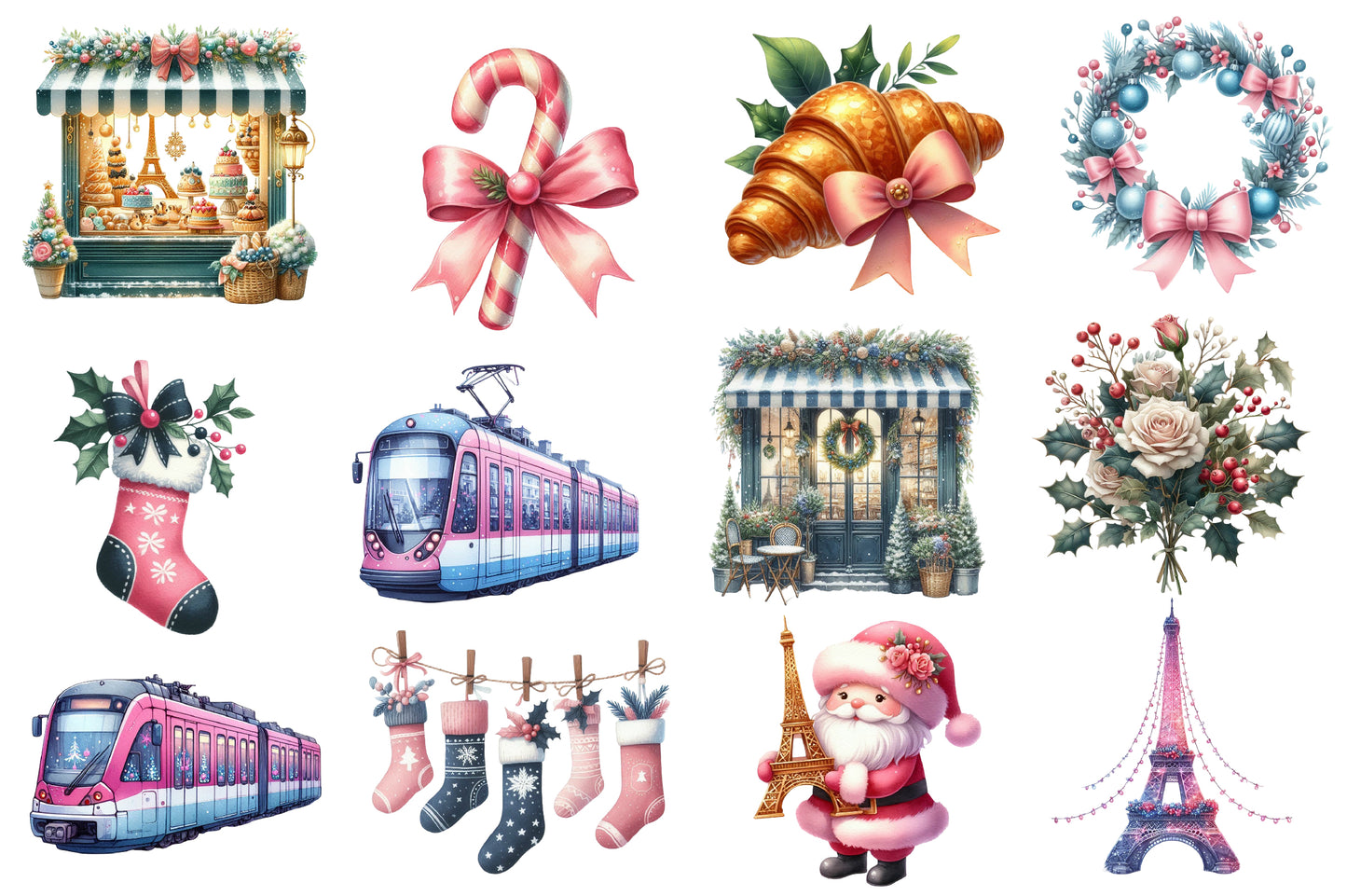 Parisian Christmas Watercolor Clipart PNG Bundle | Elegant Paris Christmas Clipart | Pink Winter Holiday Sublimation PNG