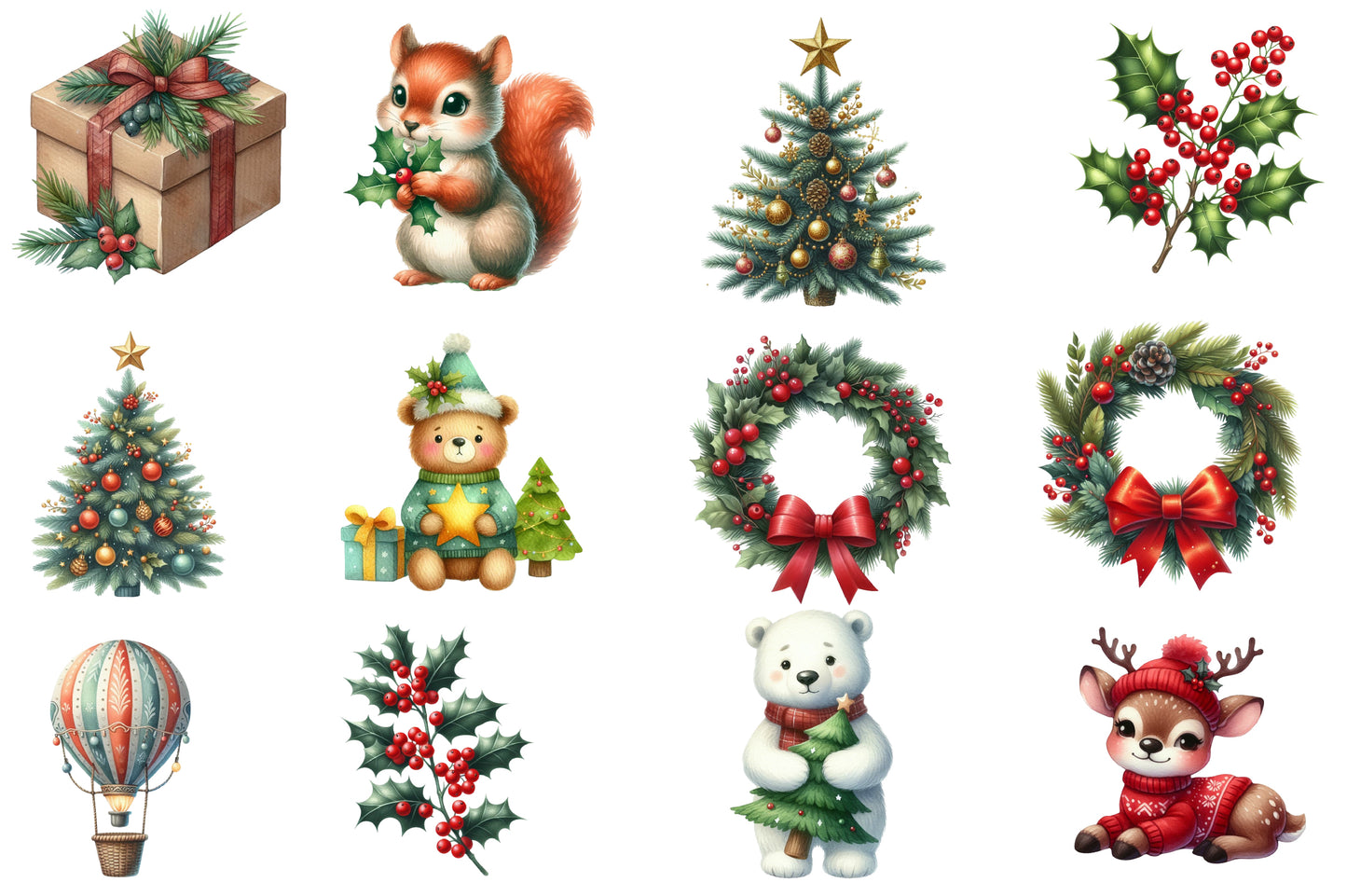 Christmas Watercolor Clipart Set PNG Bundle | Cute Holiday Christmas Watercolor Clipart | Festive Sublimation PNG