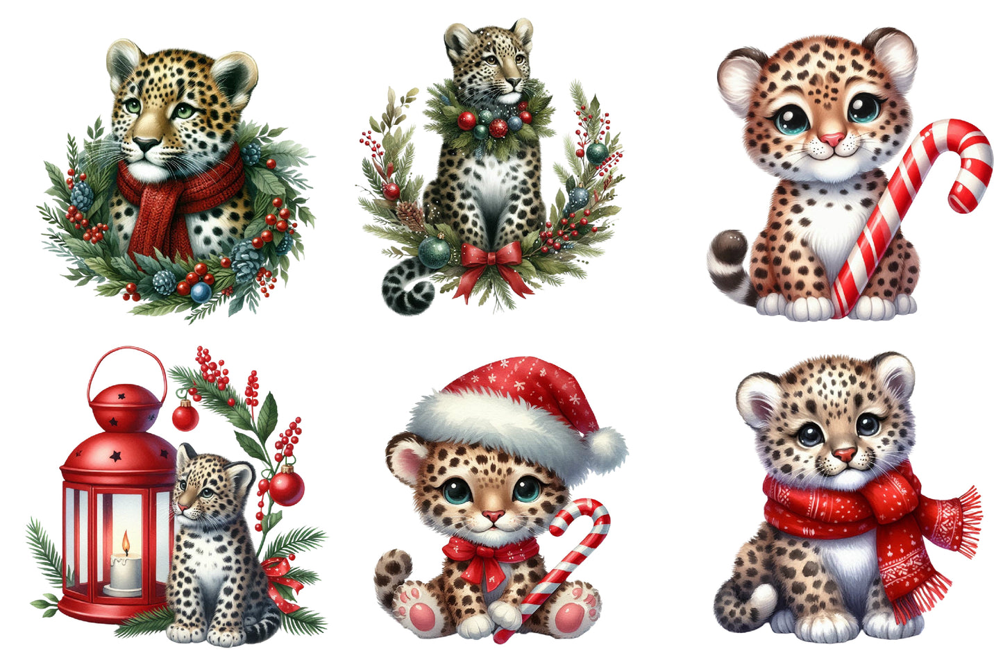 Christmas Leopard Clipart PNG Bundle | Watercolor Cute Christmas Leopard Clipart | Festive Wild Cat Sublimation PNG