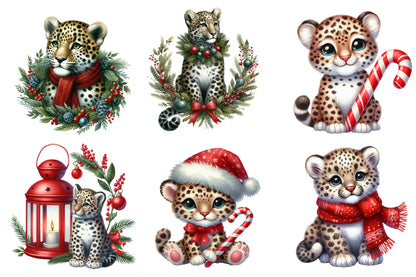 Christmas Leopard Clipart PNG Bundle | Watercolor Cute Christmas Leopard Clipart | Festive Wild Cat Sublimation PNG