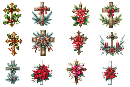 Christmas Cross Clipart PNG Bundle | Watercolor Christian Christmas Cross Clipart | Religious Holiday Sublimation PNG