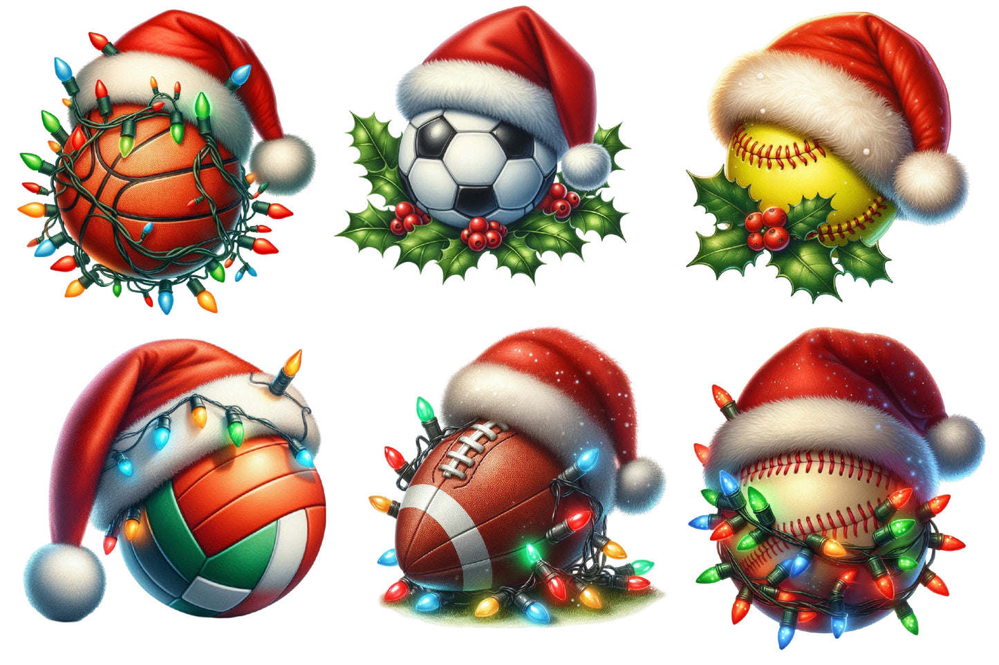 Watercolor Christmas Sports Balls Clipart PNG Bundle | Cute Holiday Basketball, Soccer & Baseball Designs