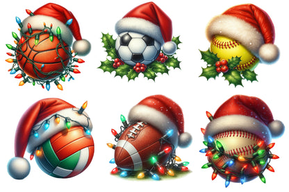 Watercolor Christmas Sports Balls Clipart PNG Bundle | Cute Holiday Basketball, Soccer & Baseball Designs