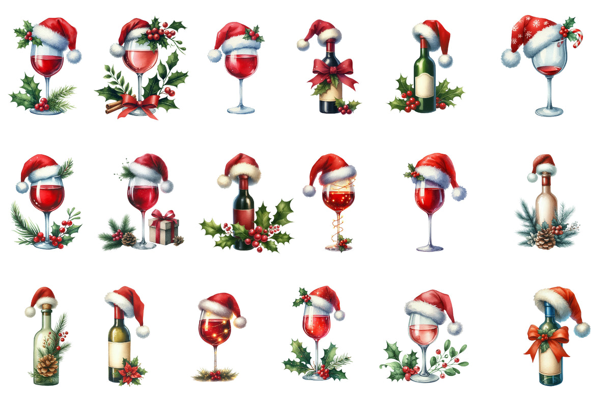 Christmas Red Wine Clipart PNG Bundle | Watercolor Festive Red Wine Clipart | Holiday Wine Glass Sublimation PNG