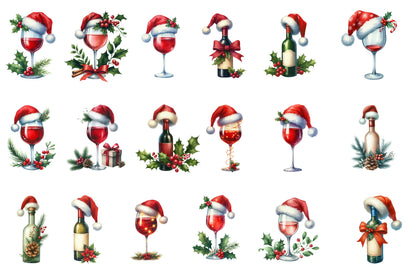 Christmas Red Wine Clipart PNG Bundle | Watercolor Festive Red Wine Clipart | Holiday Wine Glass Sublimation PNG