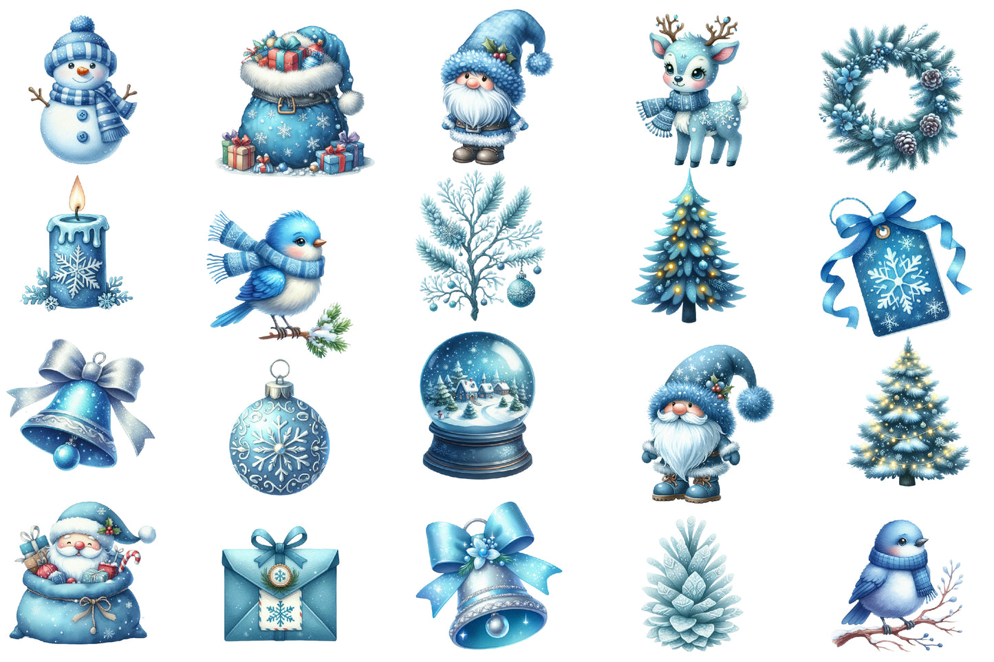 Blue Christmas Clipart Sublimation PNG Bundle | Watercolor Winter Holiday Clipart | Icy Blue Christmas Sublimation PNG