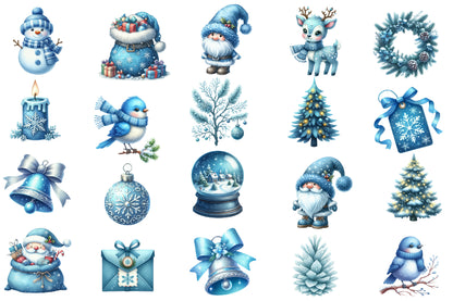 Blue Christmas Clipart Sublimation PNG Bundle | Watercolor Winter Holiday Clipart | Icy Blue Christmas Sublimation PNG