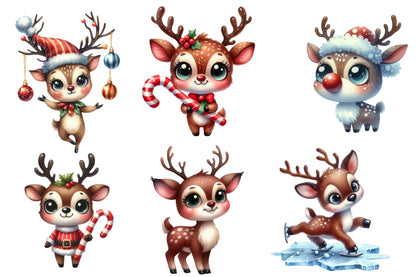 Christmas Funny Reindeer Clipart PNG Bundle | Watercolor Cute Funny Christmas Reindeer Clipart | Holiday Sublimation PNG