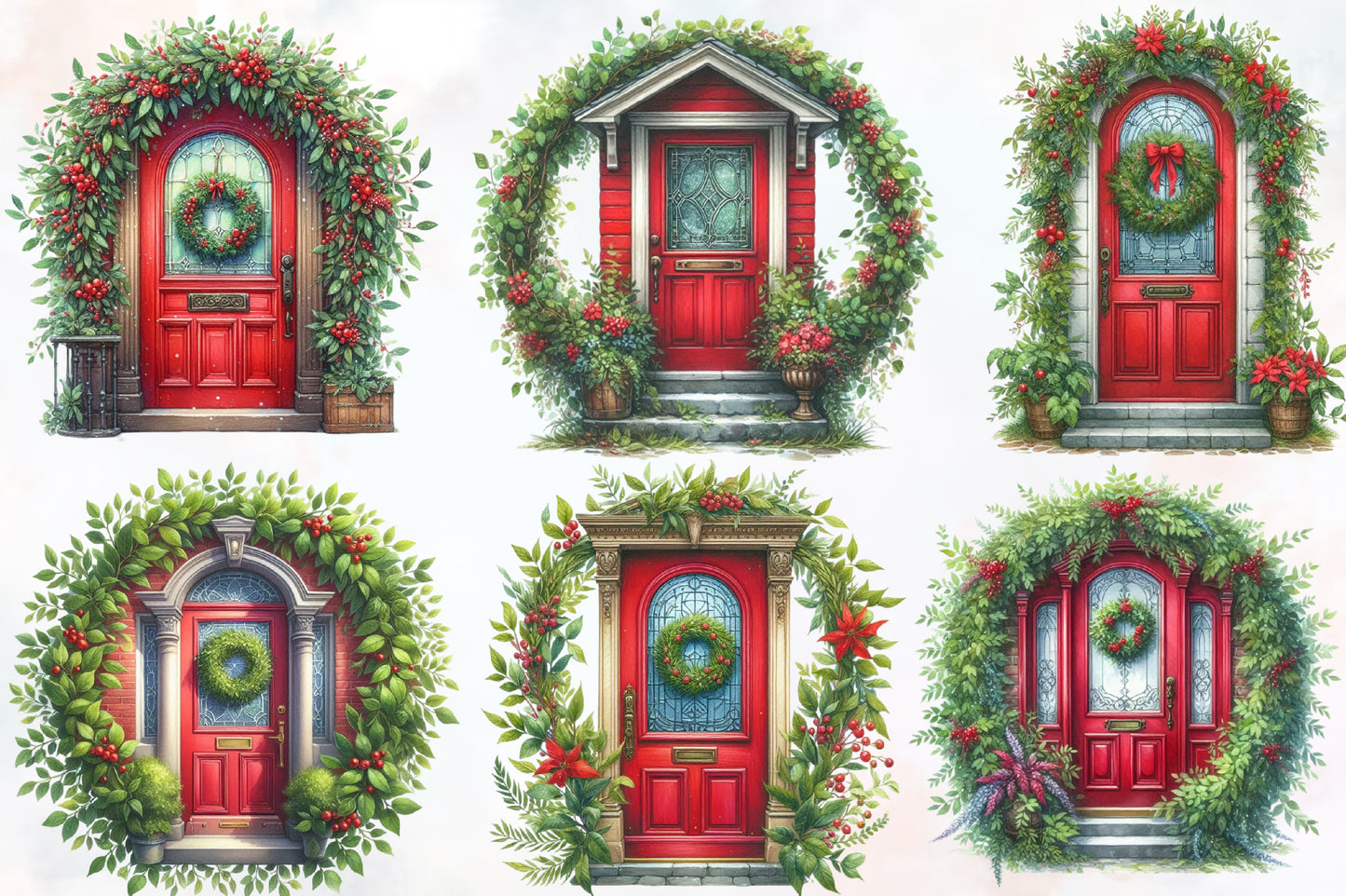 Watercolor Christmas Door Clipart PNG Bundle | Red Christmas Door & Holiday Wreath