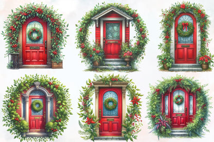 Watercolor Christmas Door Clipart PNG Bundle | Red Christmas Door & Holiday Wreath