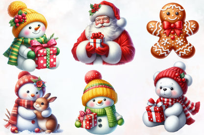 Cute Christmas Clipart PNG Bundle | Santa, Gingerbread, Teddy Bear, Snowman & Reindeer