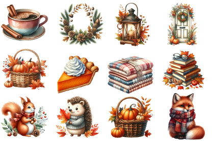 Cozy Fall Autumn Watercolor Clipart PNG Bundle | Fall Clipart, Thanksgiving PNG