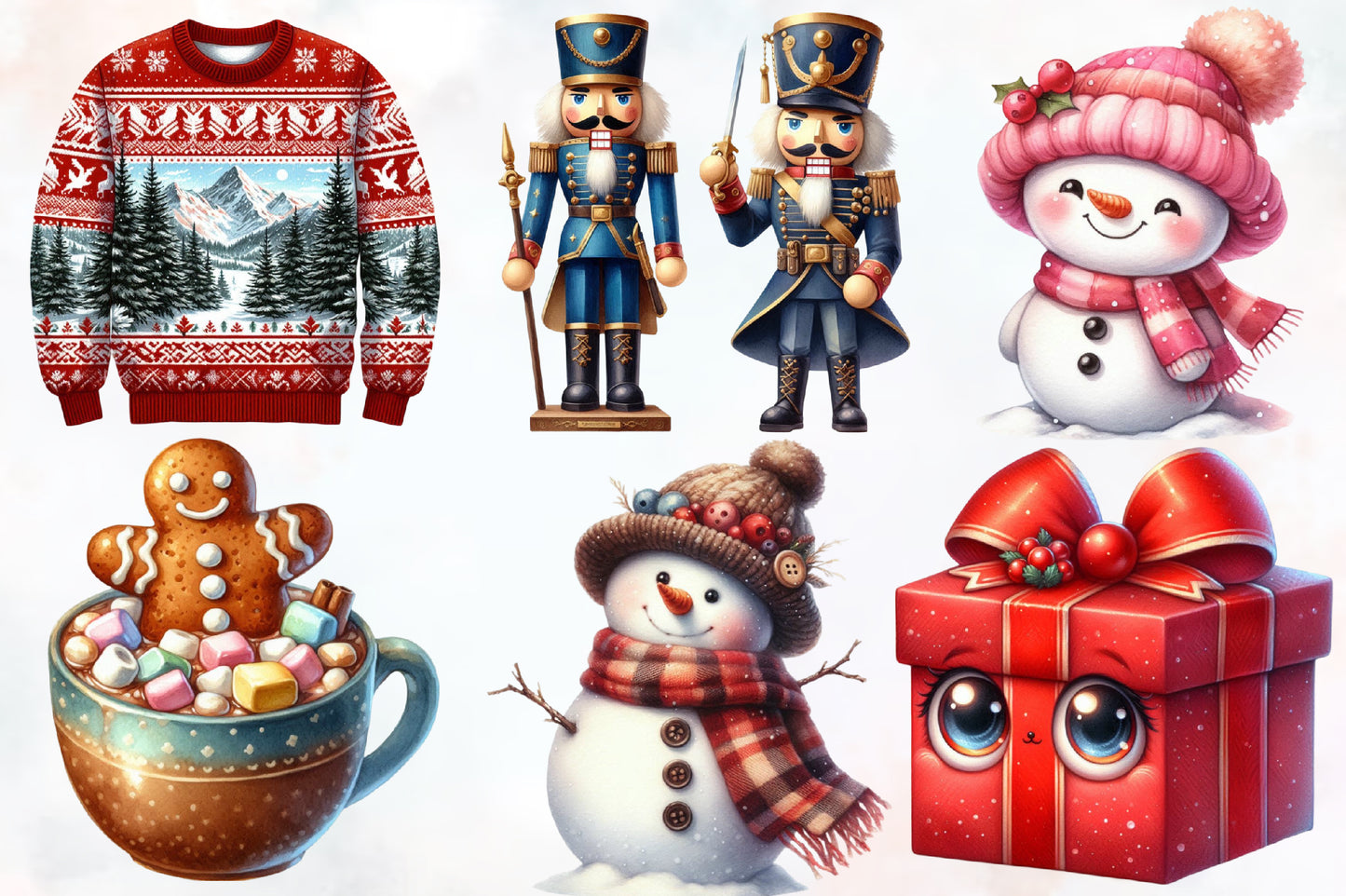 Christmas Clipart PNG Bundle | Watercolor Christmas Ornaments, Stocking, Candy Cane, Snowman, Gift Box & Holiday Elements