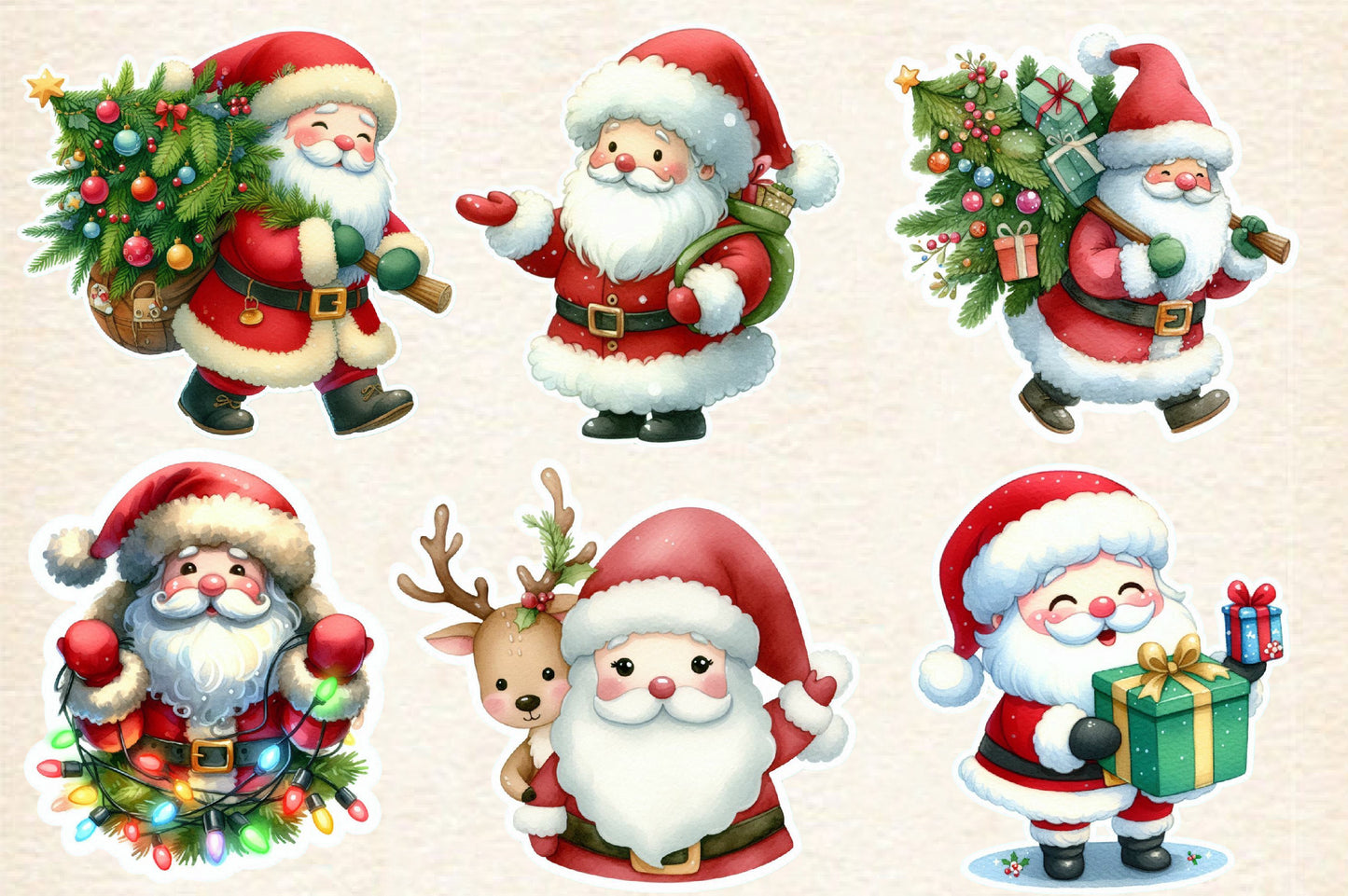Christmas Santa Claus Sticker Clipart PNG Bundle | Cute Watercolor Santa Sticker Clipart | Holiday Santa Sublimation PNG