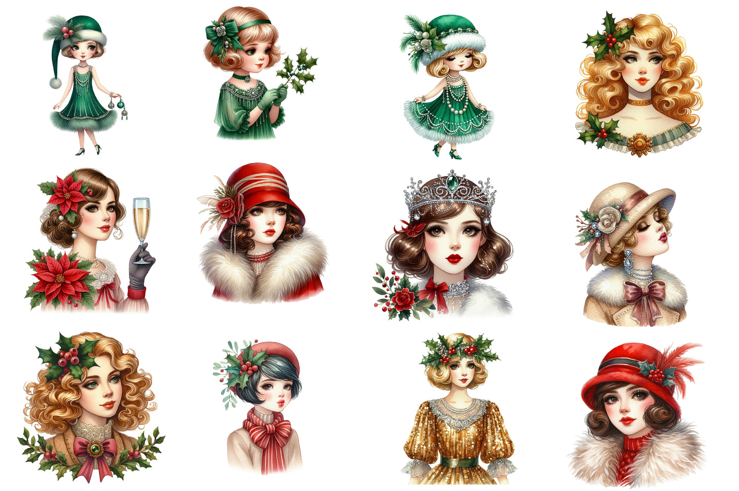 1920 Coquette Christmas Girls Clipart PNG Bundle | Cute Watercolor Pink Holiday Girls Clipart | Coquette Winter Girl PNG