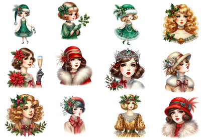 1920 Coquette Christmas Girls Clipart PNG Bundle | Cute Watercolor Pink Holiday Girls Clipart | Coquette Winter Girl PNG