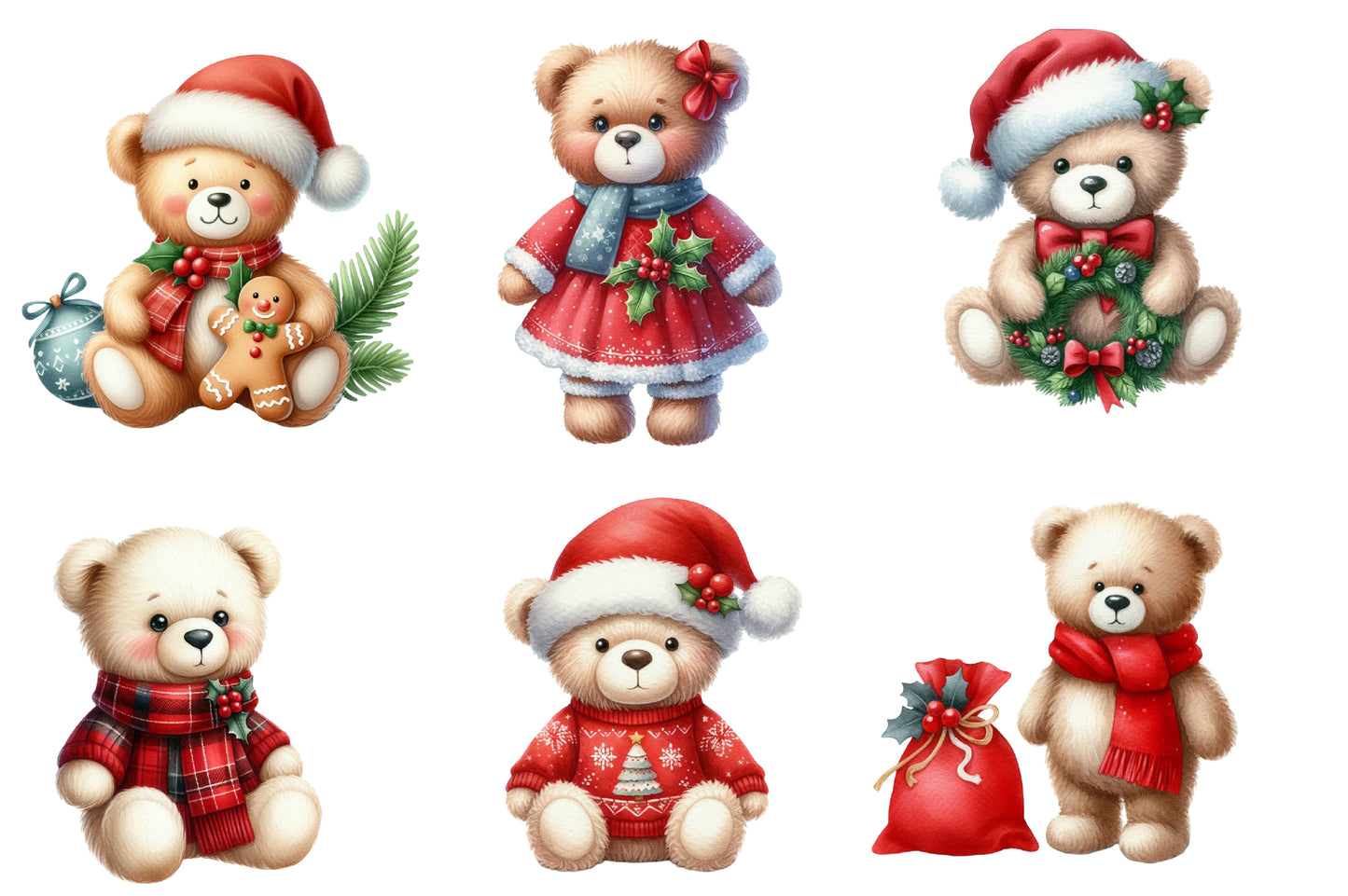 Christmas Bears Clipart PNG Bundle | Watercolor Cute Christmas Bear Clipart | Festive Holiday Bear PNG