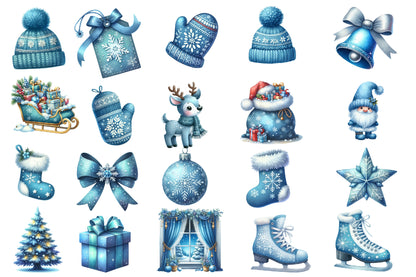 Blue Christmas Clipart Sublimation PNG Bundle | Watercolor Winter Holiday Clipart | Icy Blue Christmas Sublimation PNG