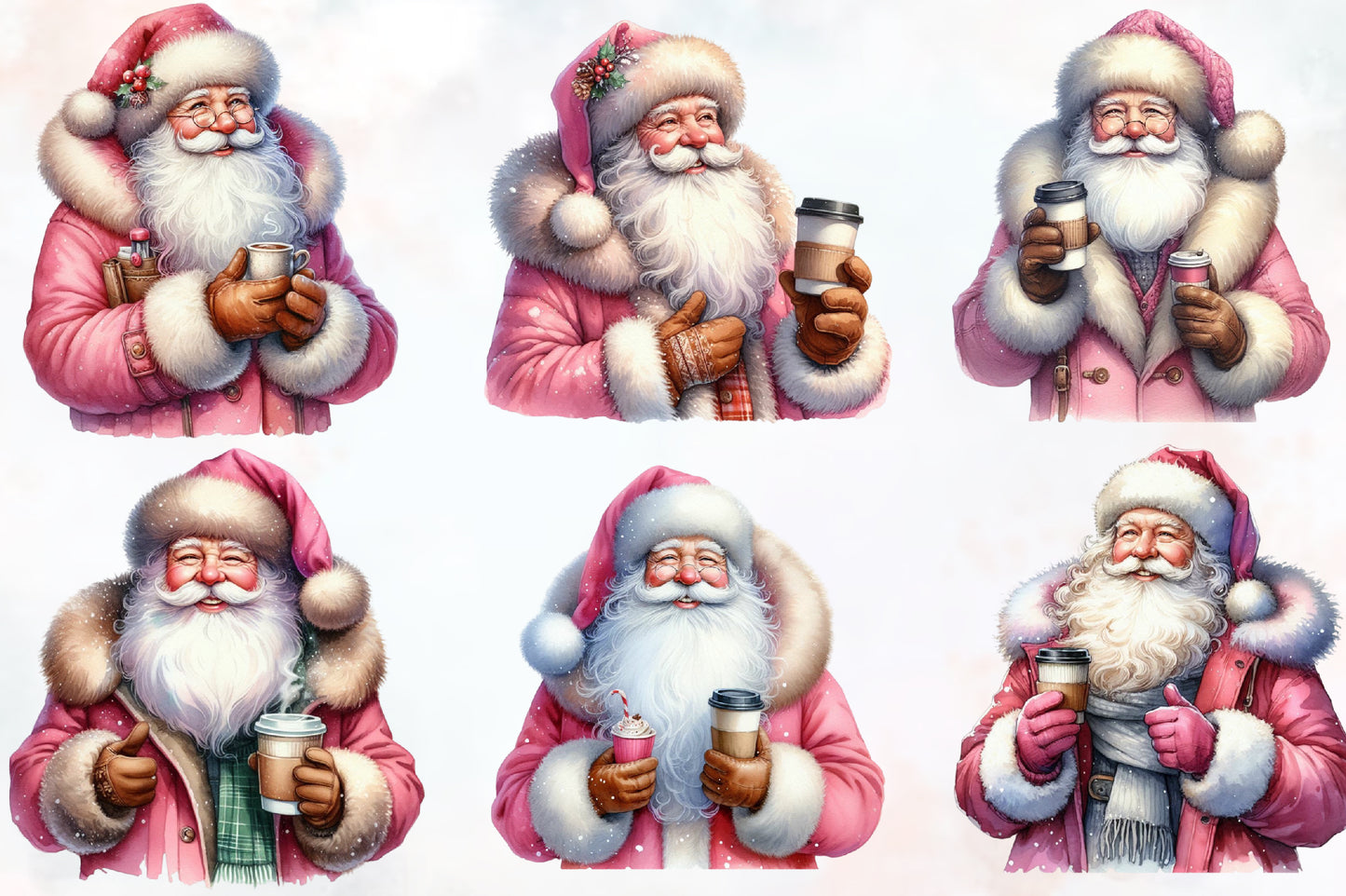 Santa Claus & Coffee Clipart PNG Bundle | Pink Christmas Santa with Coffee Cup, Winter Holiday Designs