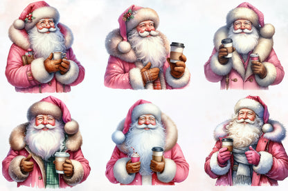 Santa Claus & Coffee Clipart PNG Bundle | Pink Christmas Santa with Coffee Cup, Winter Holiday Designs