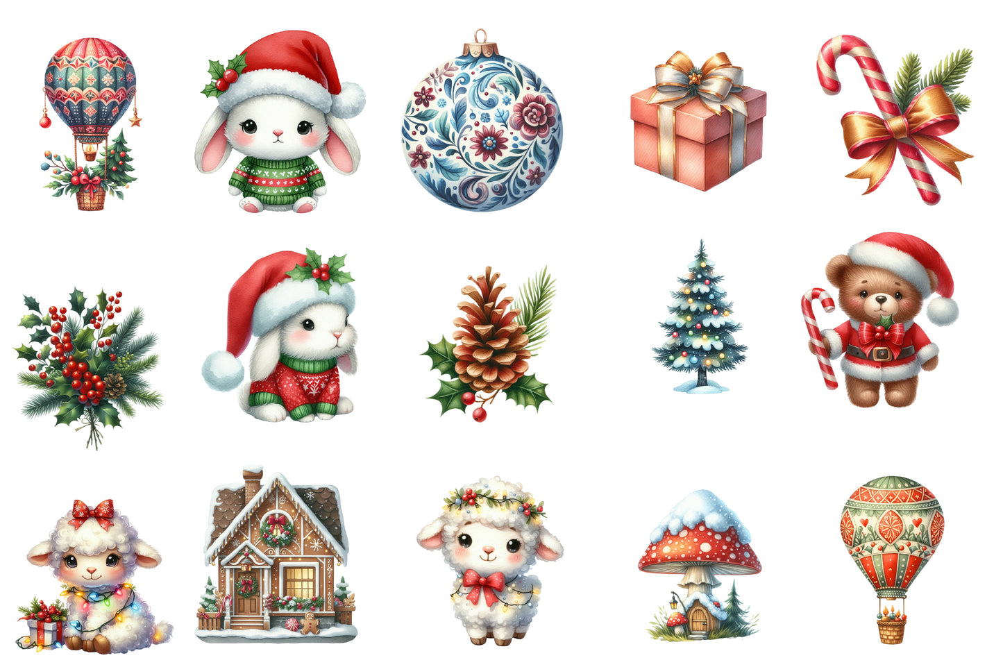 Whimsical Christmas Clipart PNG Bundle | Cute Christmas Watercolor Clipart | Woodland Christmas Sublimation PNG