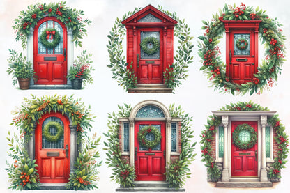 Watercolor Christmas Door Clipart PNG Bundle | Red Christmas Door & Holiday Wreath