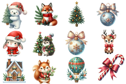 Christmas Watercolor Clipart Set PNG Bundle | Cute Holiday Christmas Watercolor Clipart | Festive Sublimation PNG