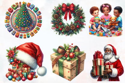African American Christmas Clipart PNG Bundle | Black Santa, Christmas Kids, Gifts, Drums & Holiday Designs