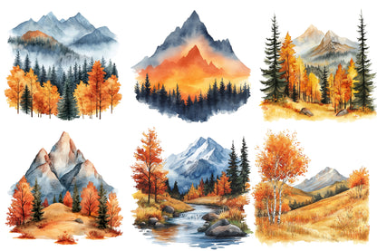 Fall Mountains Watercolor Clipart PNG Bundle | Autumn Mountain Landscape | Fall Nature Sublimation