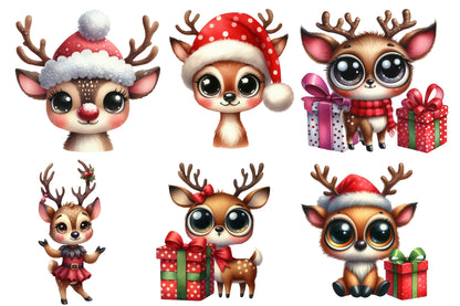 Christmas Funny Reindeer Clipart PNG Bundle | Watercolor Cute Funny Christmas Reindeer Clipart | Holiday Sublimation PNG