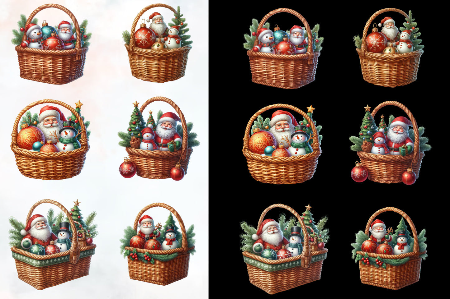 25 Watercolor Santa Claus Snowman Christmas Basket PNG Bundle