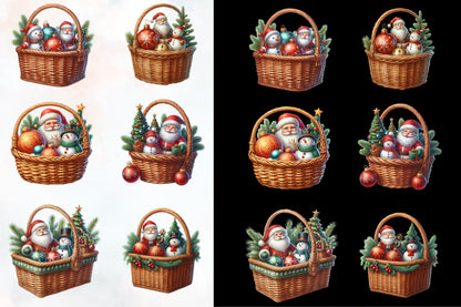 25 Watercolor Santa Claus Snowman Christmas Basket PNG Bundle