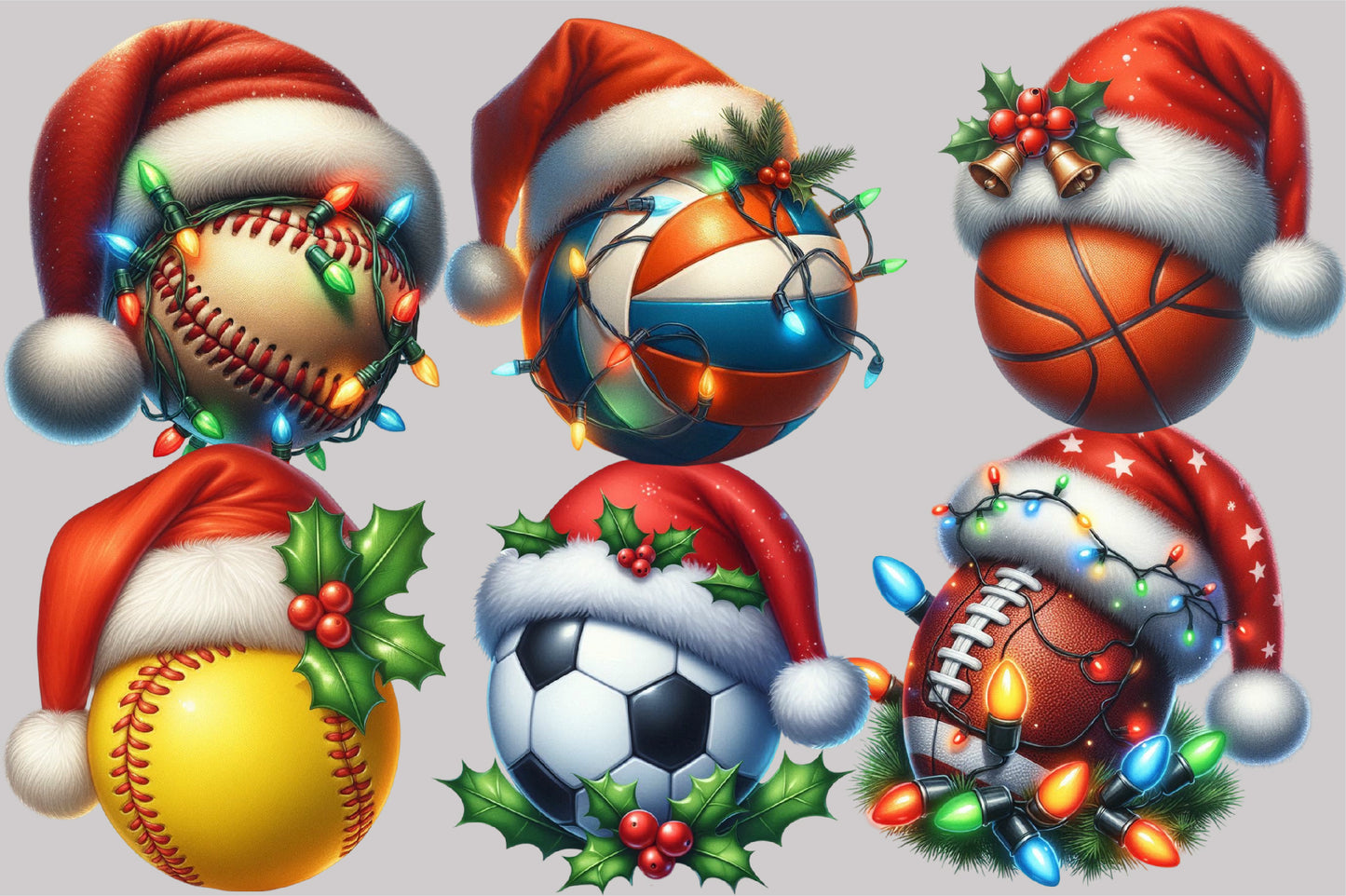 Watercolor Christmas Sports Balls Clipart PNG Bundle | Cute Holiday Basketball, Soccer & Baseball Designs
