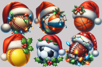 Watercolor Christmas Sports Balls Clipart PNG Bundle | Cute Holiday Basketball, Soccer & Baseball Designs
