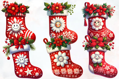 Watercolor Christmas Stocking Clipart PNG Bundle | Plaid Holiday Stocking & Festive Christmas Designs