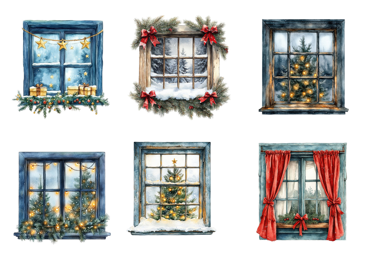 Christmas Windows Watercolor Clipart PNG Bundle | Winter Window Clipart | Christmas Sublimation