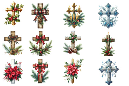 Christmas Cross Clipart PNG Bundle | Watercolor Christian Christmas Cross Clipart | Religious Holiday Sublimation PNG