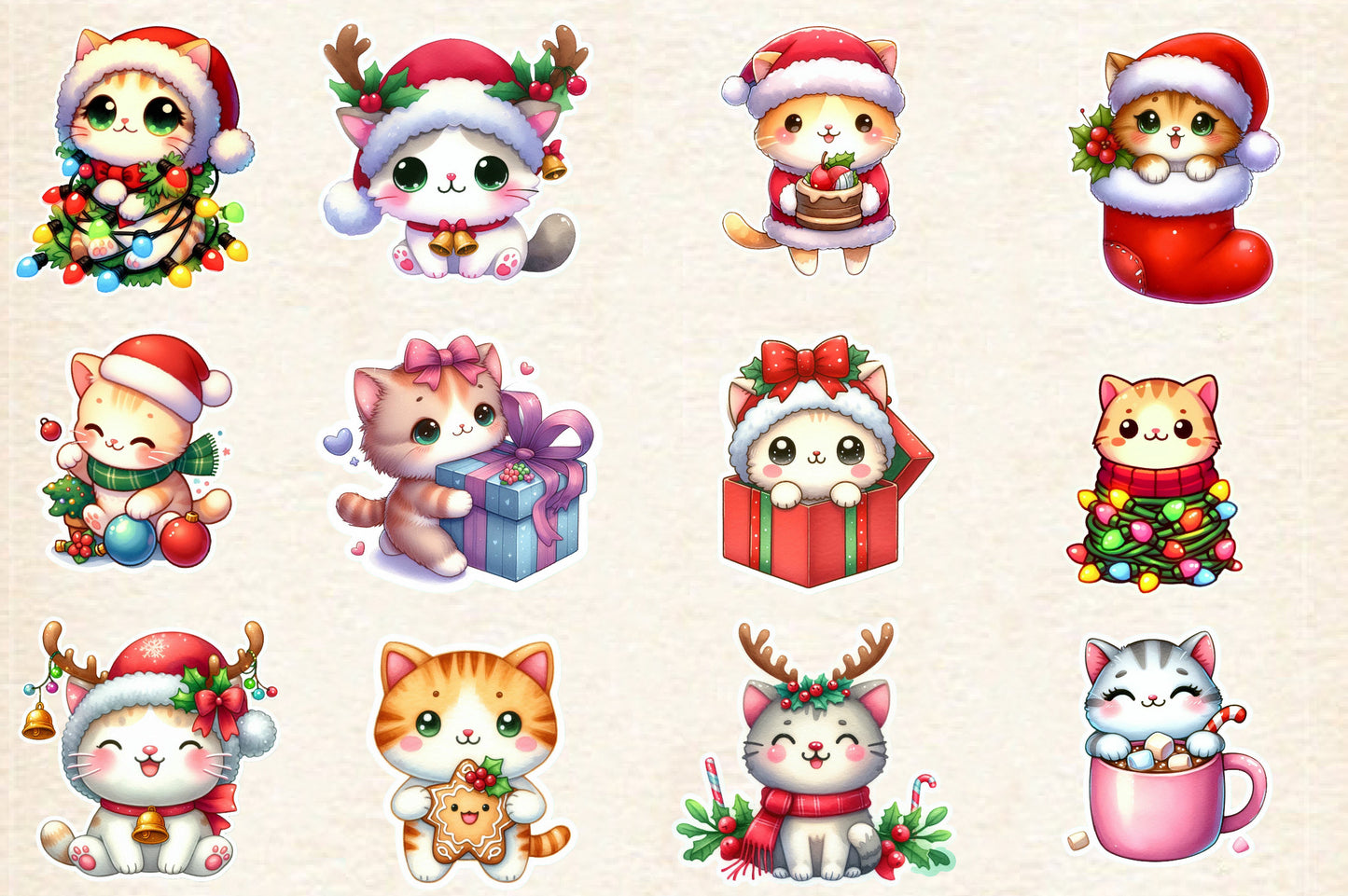 Christmas Cat Sticker Clipart PNG Bundle | Watercolor Cute Christmas Cat Stickers | Holiday Cat Sublimation PNG