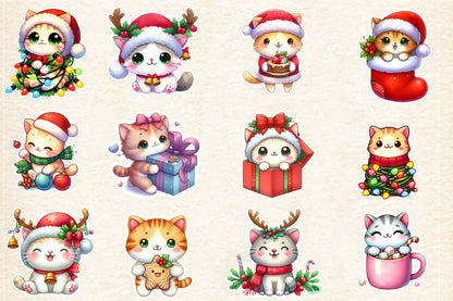 Christmas Cat Sticker Clipart PNG Bundle | Watercolor Cute Christmas Cat Stickers | Holiday Cat Sublimation PNG