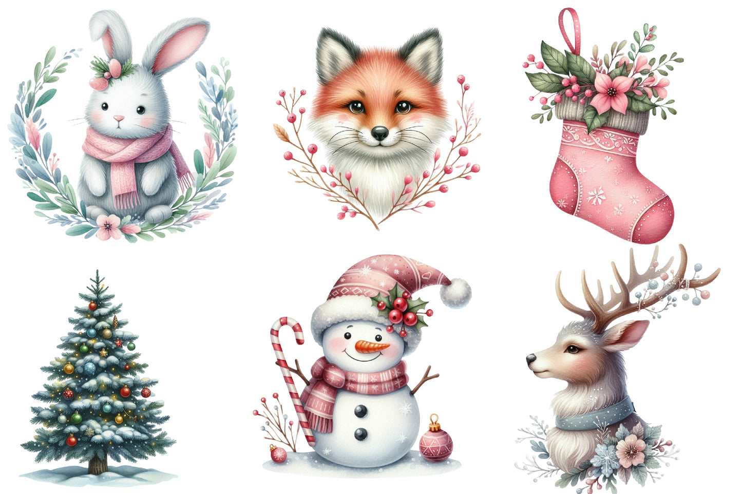 Pink Christmas Woodland Animals Watercolor Clipart PNG Bundle | Christmas Clipart | Winter Sublimation