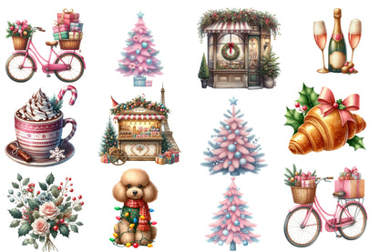 Parisian Christmas Watercolor Clipart PNG Bundle | Elegant Paris Christmas Clipart | Pink Winter Holiday Sublimation PNG