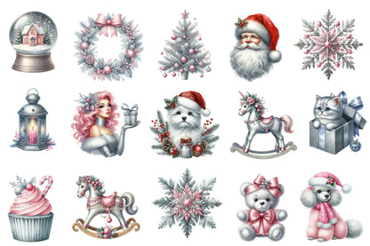 Silver Christmas Watercolor Clipart PNG Bundle | Winter Christmas Clipart | Pink Silver Christmas Sublimation PNG