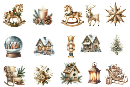 Beige Christmas Clipart PNG Bundle | Neutral Watercolor Christmas Clipart | Elegant Boho Holiday PNG